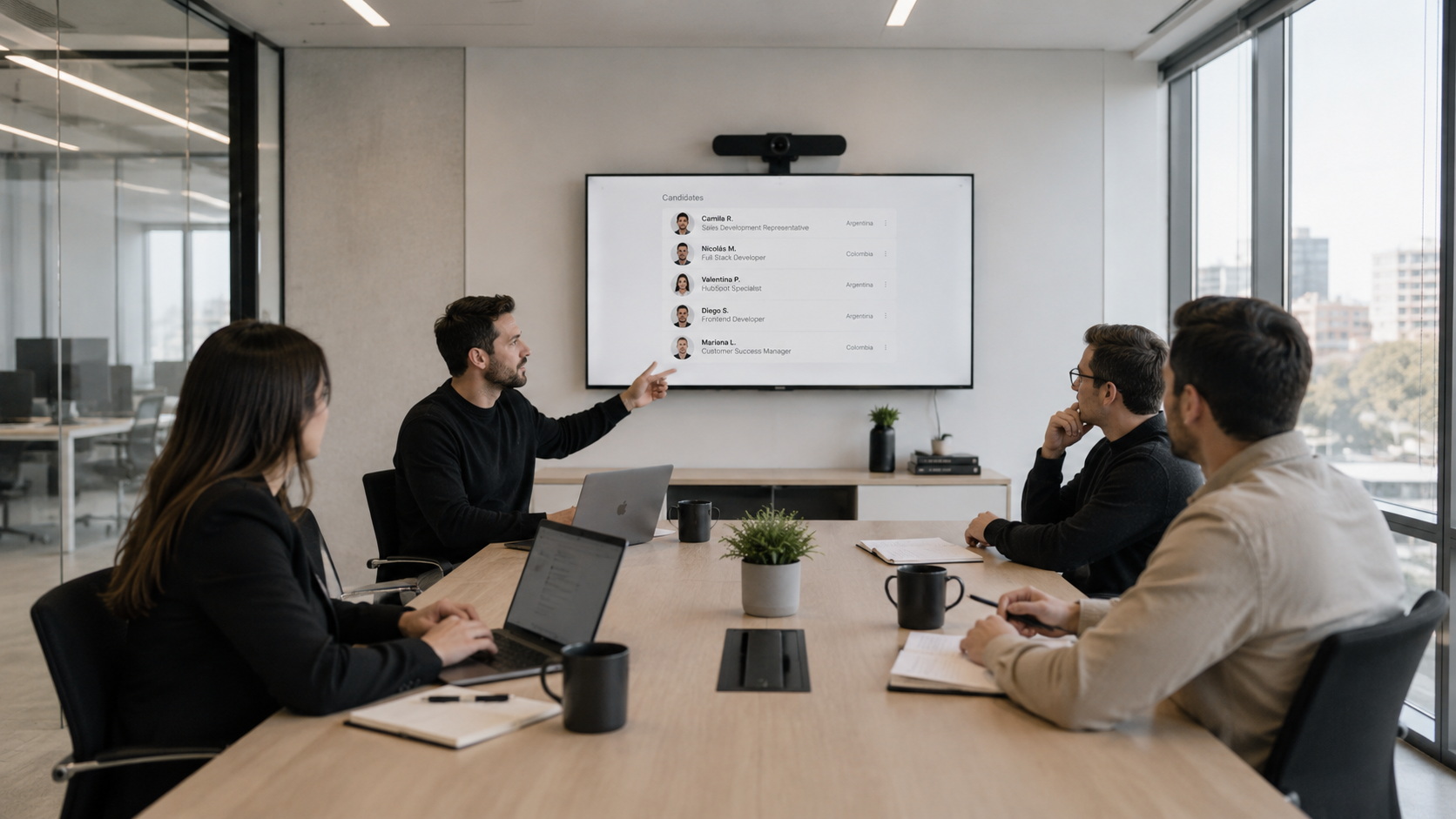 Team reviewing a candidate shortlist in a modern meeting room